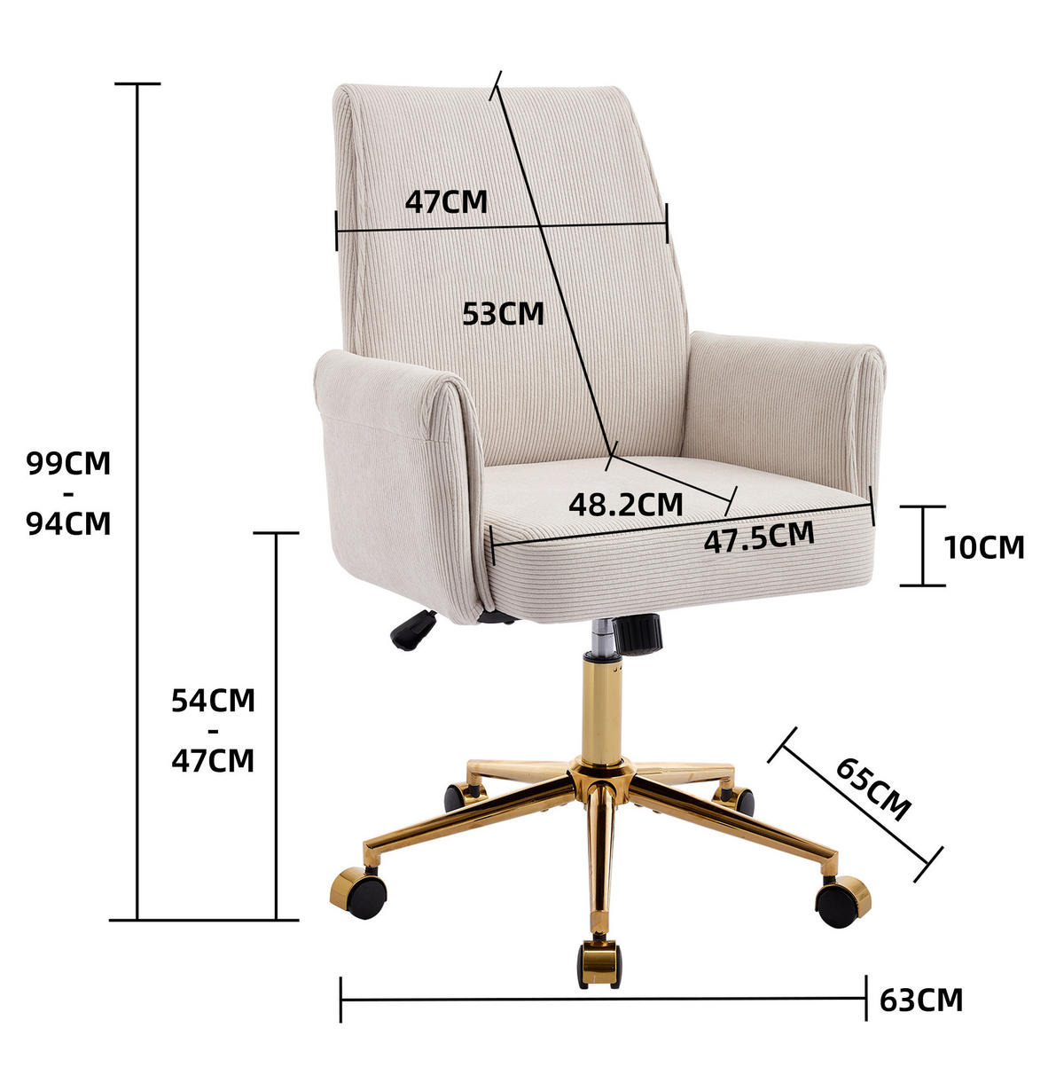 DREHSTUHL 65/63/99 cm weiß aus Corduroy mit ergonomischer Rückenlehne - Weiß, Textil (64/107/61cm) - OKWISH