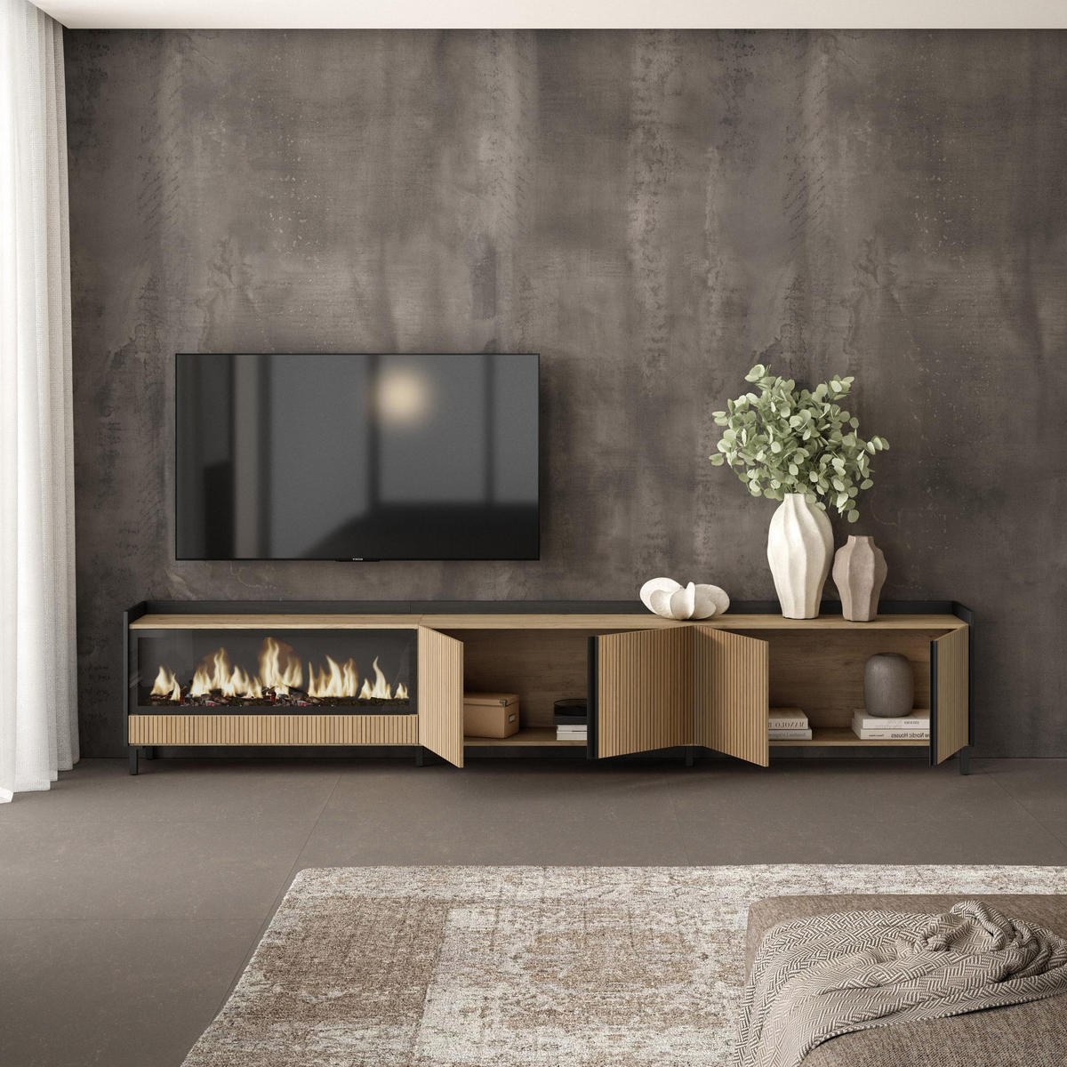 LOWBOARD, Eiche und Schwarz, 315/35/61cm, Elektrokamin XXL, Industriedesign - Eichefarben, Holzwerkstoff (315/61/35cm) - Skraut Home