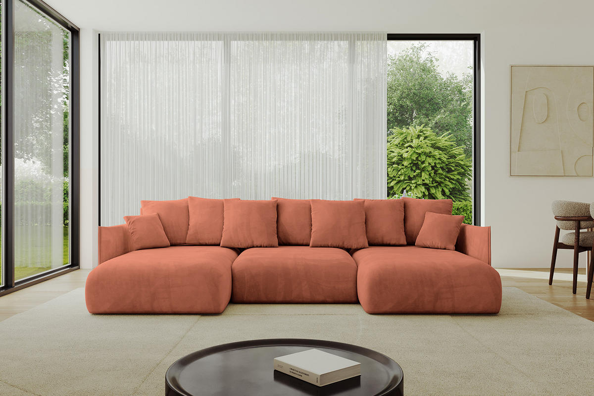 WOHNLANDSCHAFT mit Schlaffunktion und Bettkasten ONESK-U 317x177x72 Apricot Velours - Koralle, Holzwerkstoff/Kunststoff (317/72/177cm) - ALTDECOR
