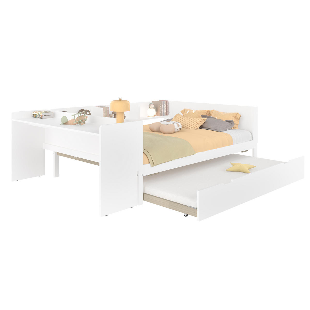 FLACHBETT 140x200cm Weiß Holz Schreibtisch Rollbett Regale - Weiß, Holz (140/200cm) - FLIEKS