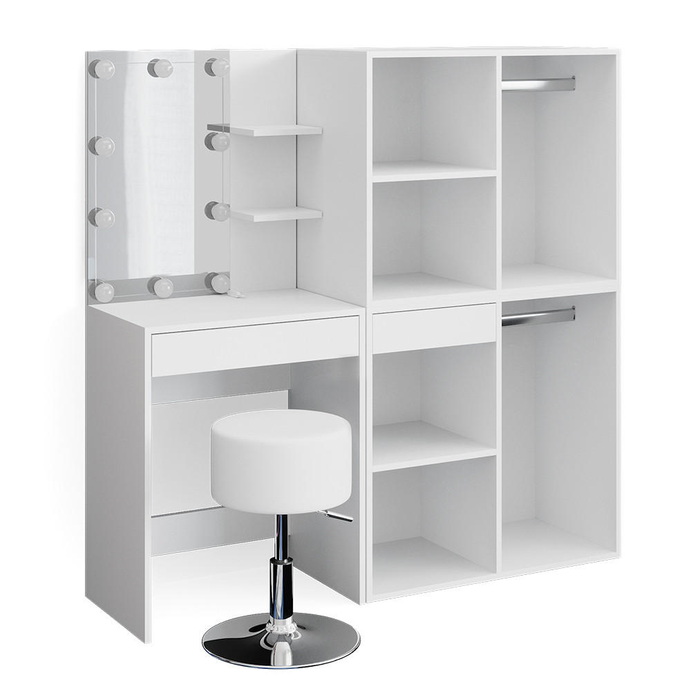 SCHMINKTISCH Isabelle Weiß 60 cm mit LED, Hocker und Schränken - Weiß, Holzwerkstoff (60/140/40cm) - Vicco