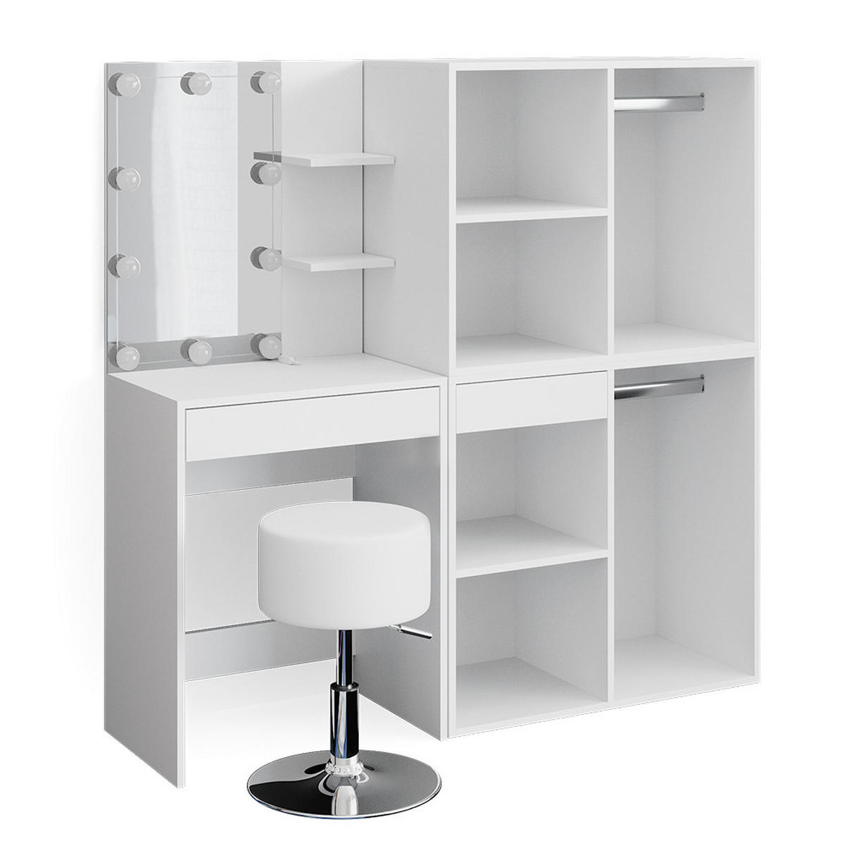 SCHMINKTISCH Isabelle Weiß 60 cm mit LED, Hocker und Schränken - Weiß, Holzwerkstoff (60/140/40cm) - Vicco