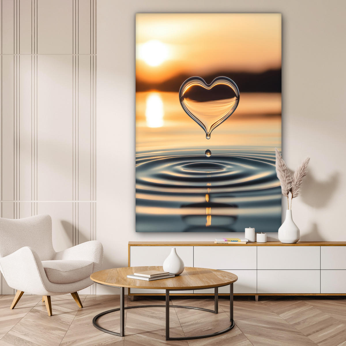 LEINWANDBILD Herz - Wasser - Sonnenuntergang - Natur - Zen Deko Groß 90x140 cm - Bernsteinfarben, Textil (90/140cm) - MuchoWow