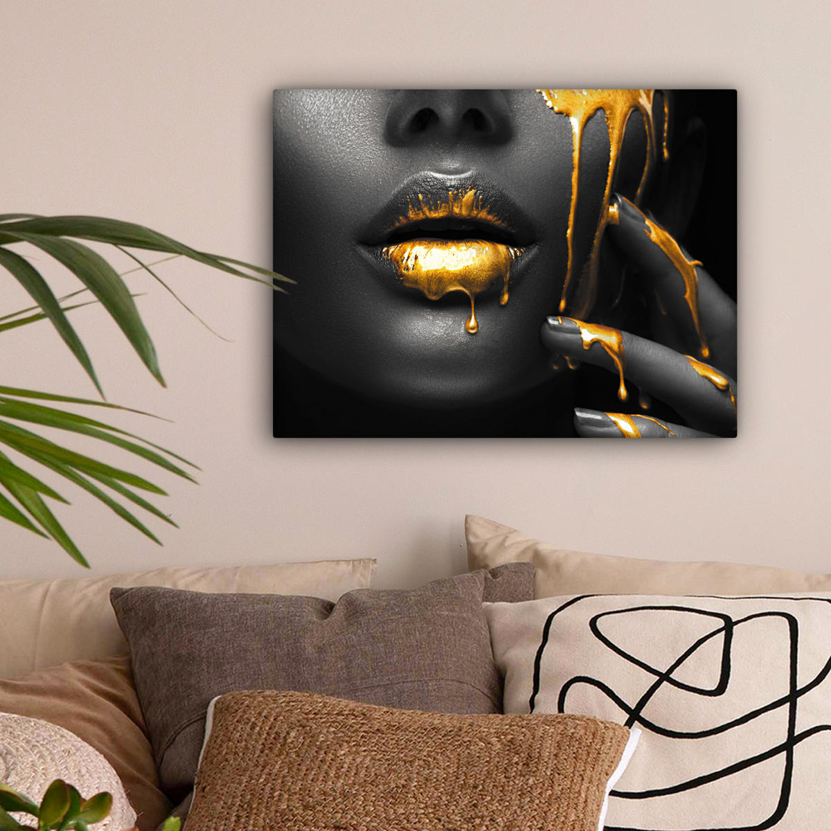 LEINWANDBILD Frau - Schwarz - Gold - Gesicht - Lippen 40x30 cm - Goldfarben, Textil (40/30cm) - MuchoWow