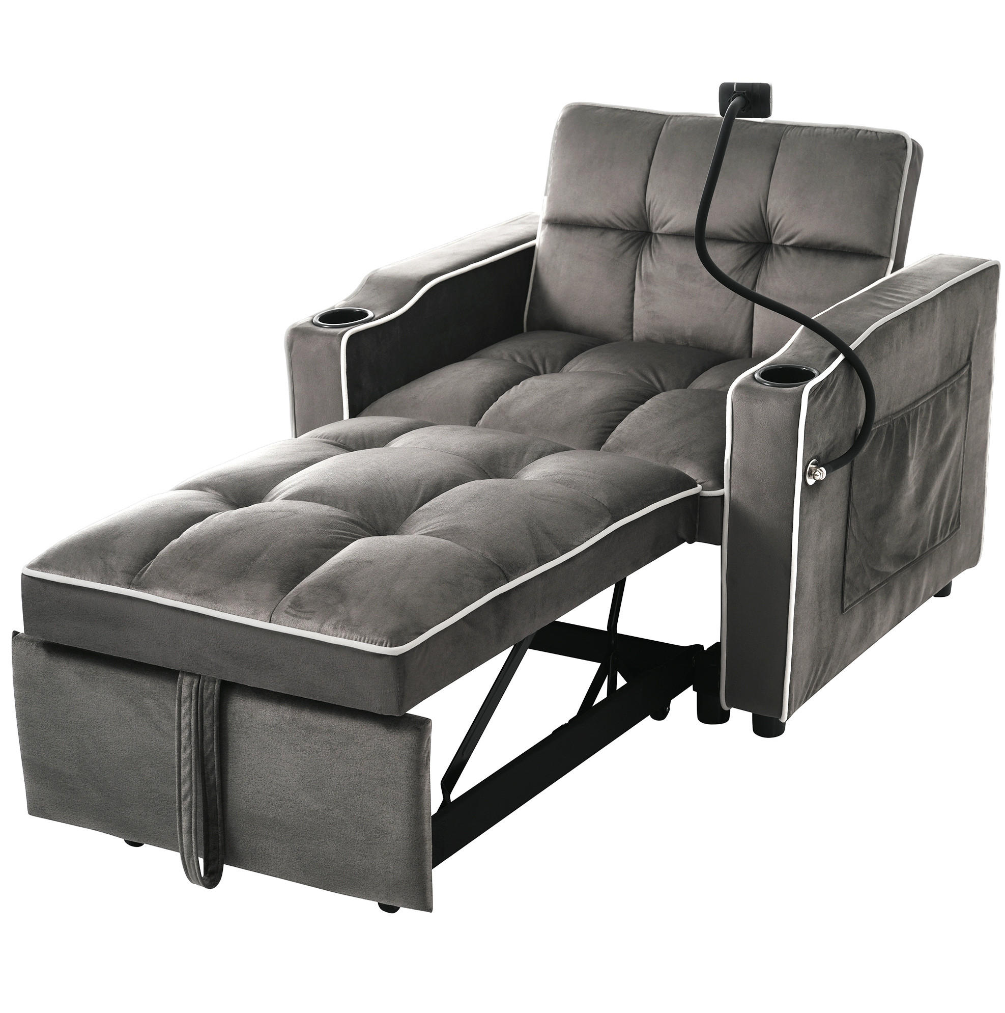 ROZKLÁDACÍ křeslo 83/167/76 cm, 3v1 s polohováním, držákem na mobil a držáky na nápoje, tmavě šedá - tmavě šedá, textil (83/76/167cm) - Redom