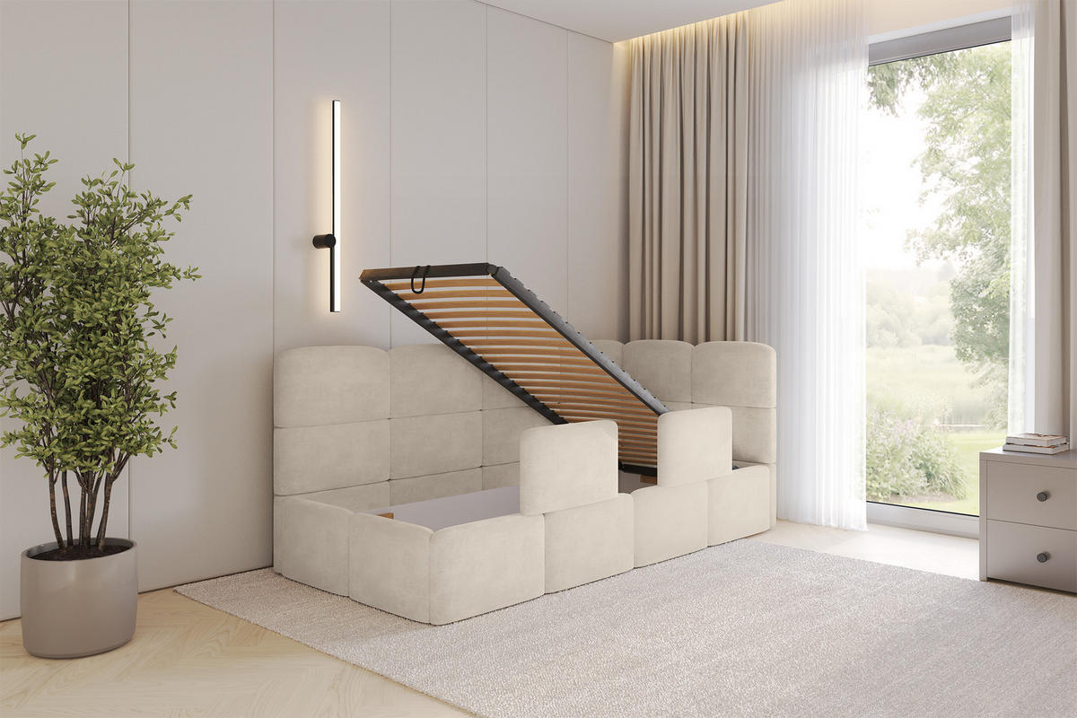 EINZELLBETT Jugendbett mit Bettkasten und Matratze H3/H4, Links - KIVY 100x200 Beige - Beige, Holzwerkstoff/Textil (100/200cm) - ALTDECOR