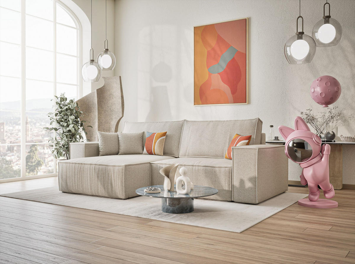 ECKSOFA MIT SCHLAFFUNKTION Zaya Beige Webstoff - Schwarz/Grau, Holz/Holzwerkstoff (255/148cm) - Maison de Reve