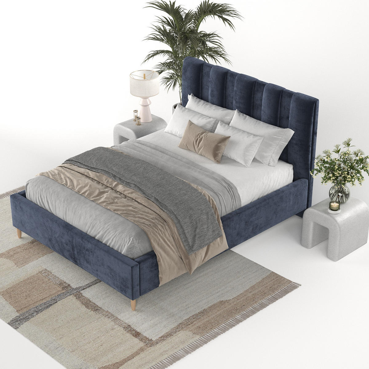 POLSTERBETT Loom 160/200 cm Marineblau im Lotta Stoff - Naturfarben/Dunkelblau, Holz/Holzwerkstoff (160/200cm) - AltaBeds