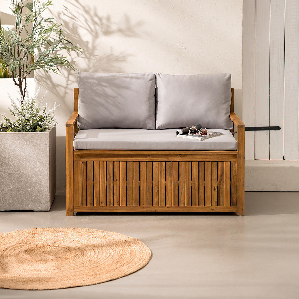 MASSIVE GARTENBANK - Akazie massiv / Polyester - Braun / Grau - Braun/Grau, Holz/Textil (120/79/69cm) - home24