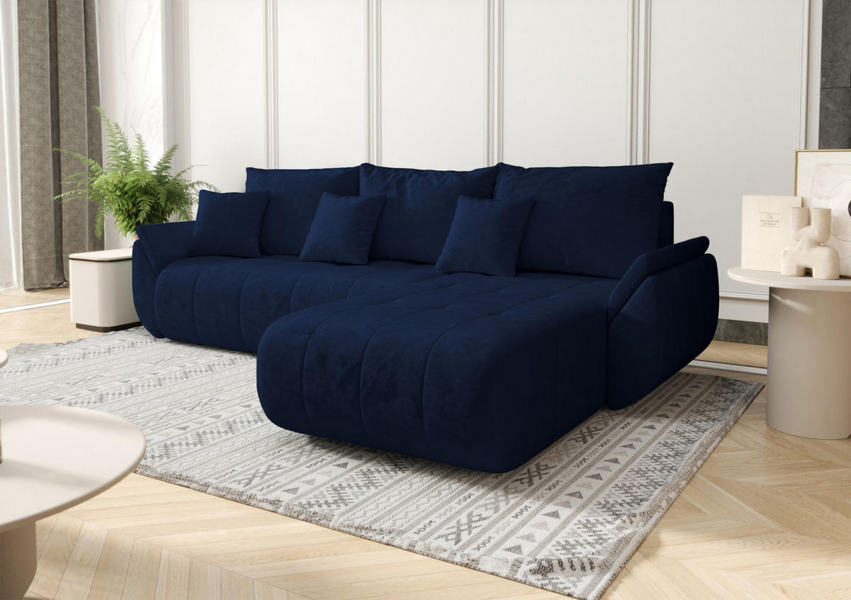 ECKSOFA Romuldi mit Schlaffunktion, Marineblau Samt, rechtsseitig - Schwarz/Dunkelblau, Kunststoff/Textil (185/280cm) - Selsey