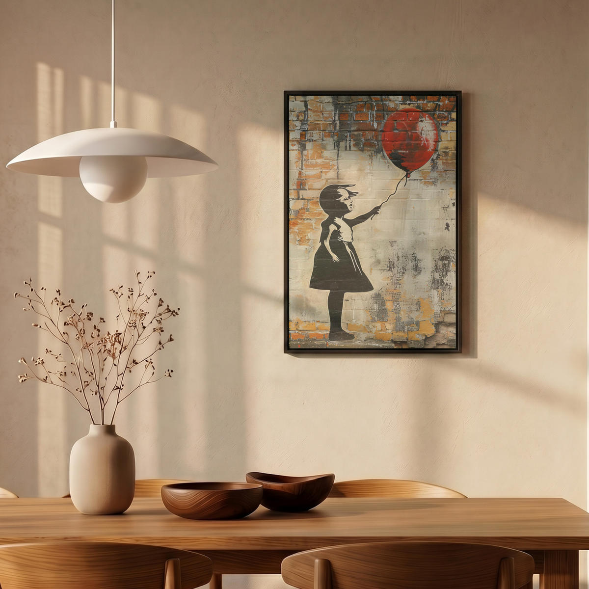 LEINWAND Bilder mit Rahmen - Graffiti - Banksy - Mädchen - Straßenkunst - 40x60 - Sandfarben, Textil (40/60cm) - MuchoWow