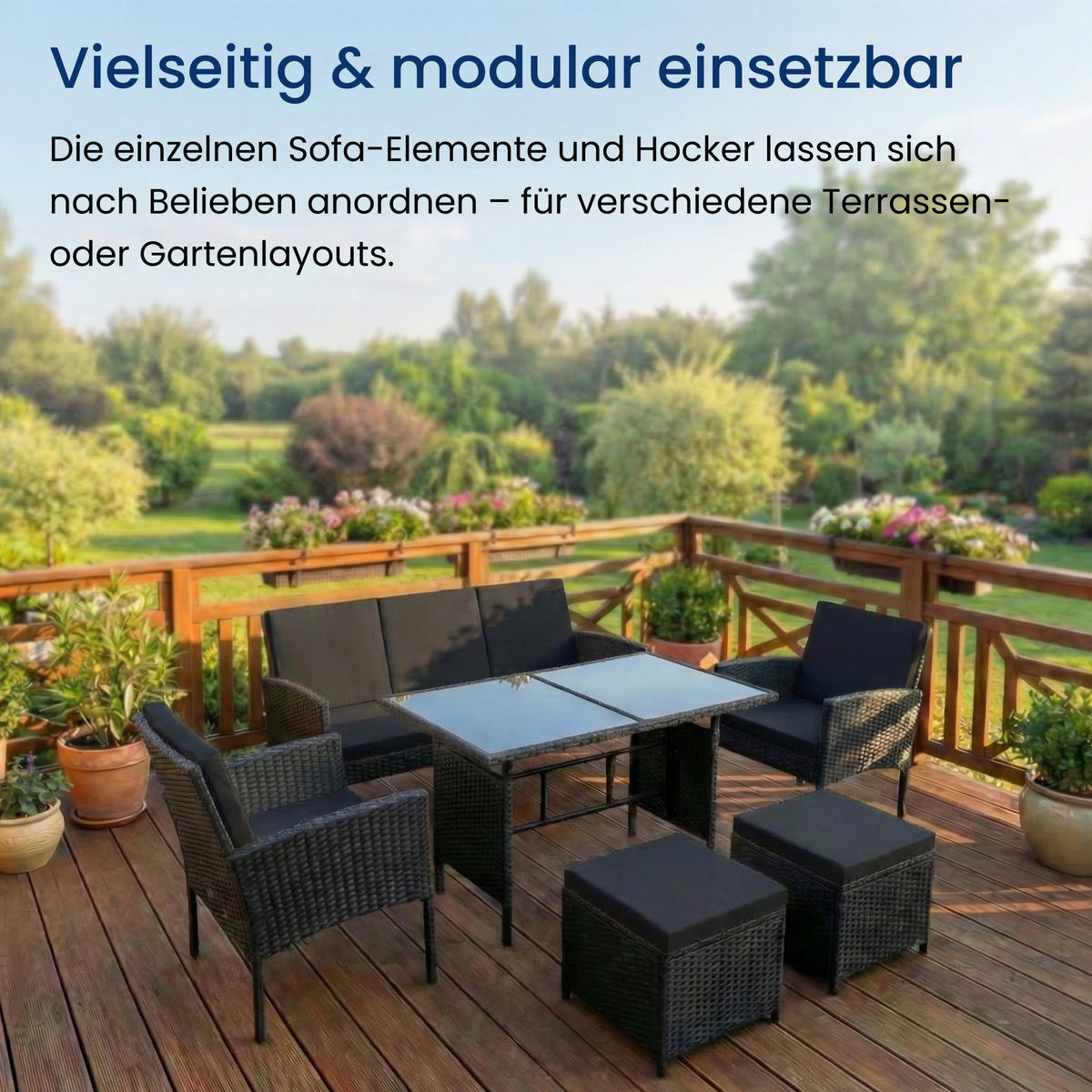 GARTENMÖBEL-SET mit 3-Sitzer Sofa, 2 Stühle, 2 Hocker mit schwarze Kissen - Schwarz, Metall - Home Collective
