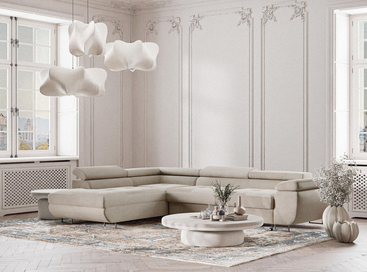 ECKSOFA Concord Beige Chenille-Stoff - Links Seite - Beige/Schwarz, Holz/Holzwerkstoff (203/277cm) - Maison de Reve