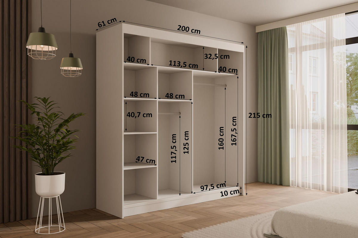 KLEIDERSCHRANK mit Lamel-Schiebetüren VILANv2 - 200 cm Weiß + Lamelle Eiche Wotan - Eiche Wotan/Weiß, Holzwerkstoff (200/215/61cm) - ALTDECOR