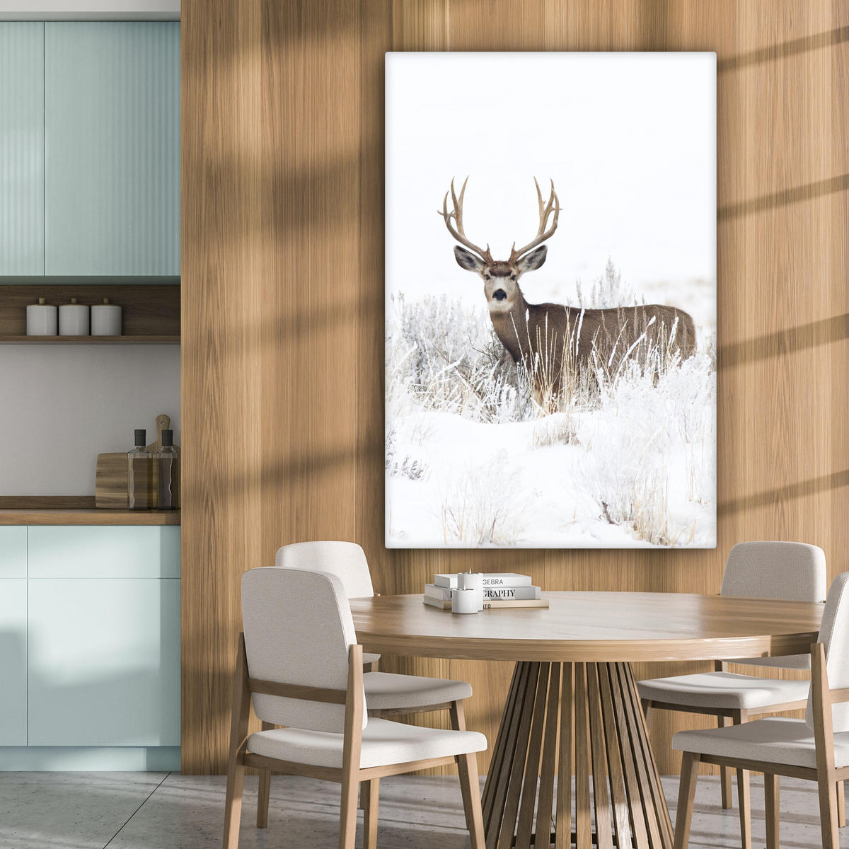 LEINWANDBILD Hirsche - Winter - Schnee - Tiere - Jahreszeiten - Weiß 80x120 cm - Hellbraun, Textil (80/120cm) - MuchoWow