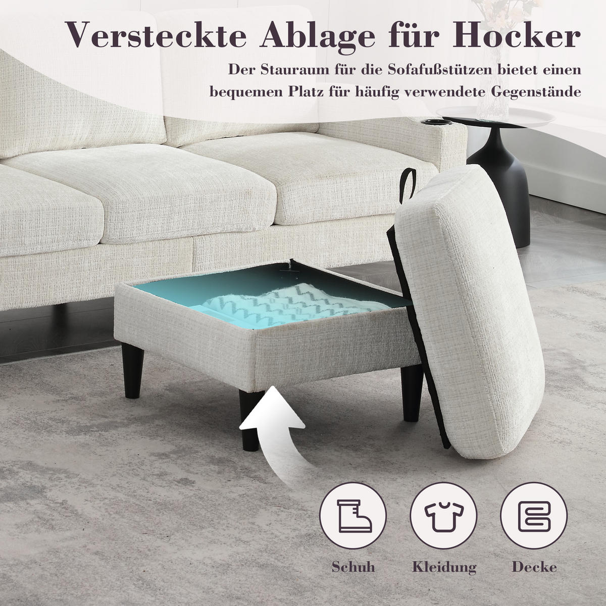 ECKSOFA 163/121/66 cm Beige mit 1 Aufbewahrungshocker, Aufbewahrungstasche und Getränkehalter - Beige, Textil (196.5/75cm) - Oxeza