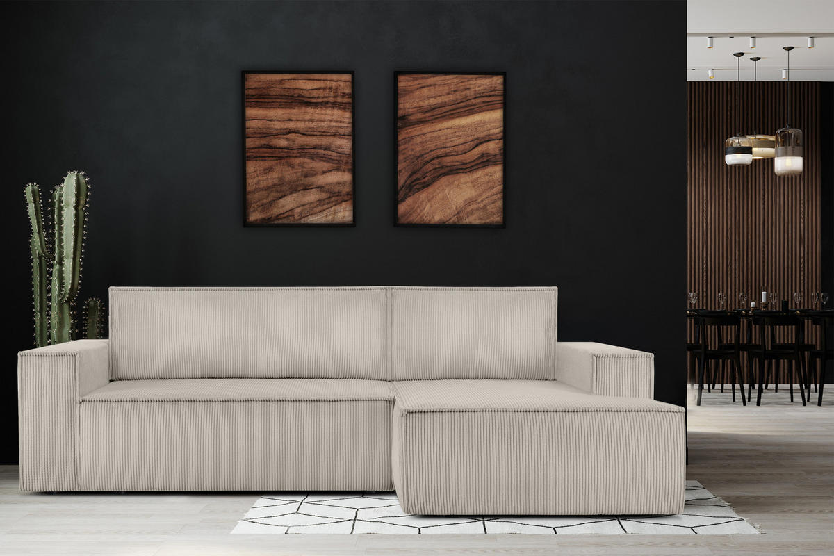 ECKSCHLAFSOFA-RECHTS NAPI in Pet Friendly Cord-Stoff, cremefarben - Creme/Schwarz, Textil (262/148cm) - KONSIMO®