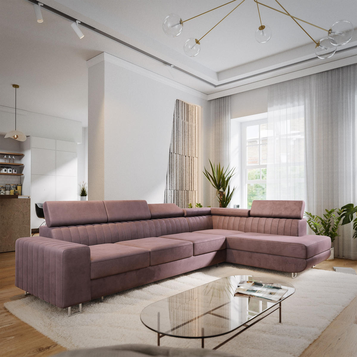 ECKSOFA HESTION Lila Velours-Stoff mit Schlaffunktion - Lila, Holz (332/190cm) - MASSENO