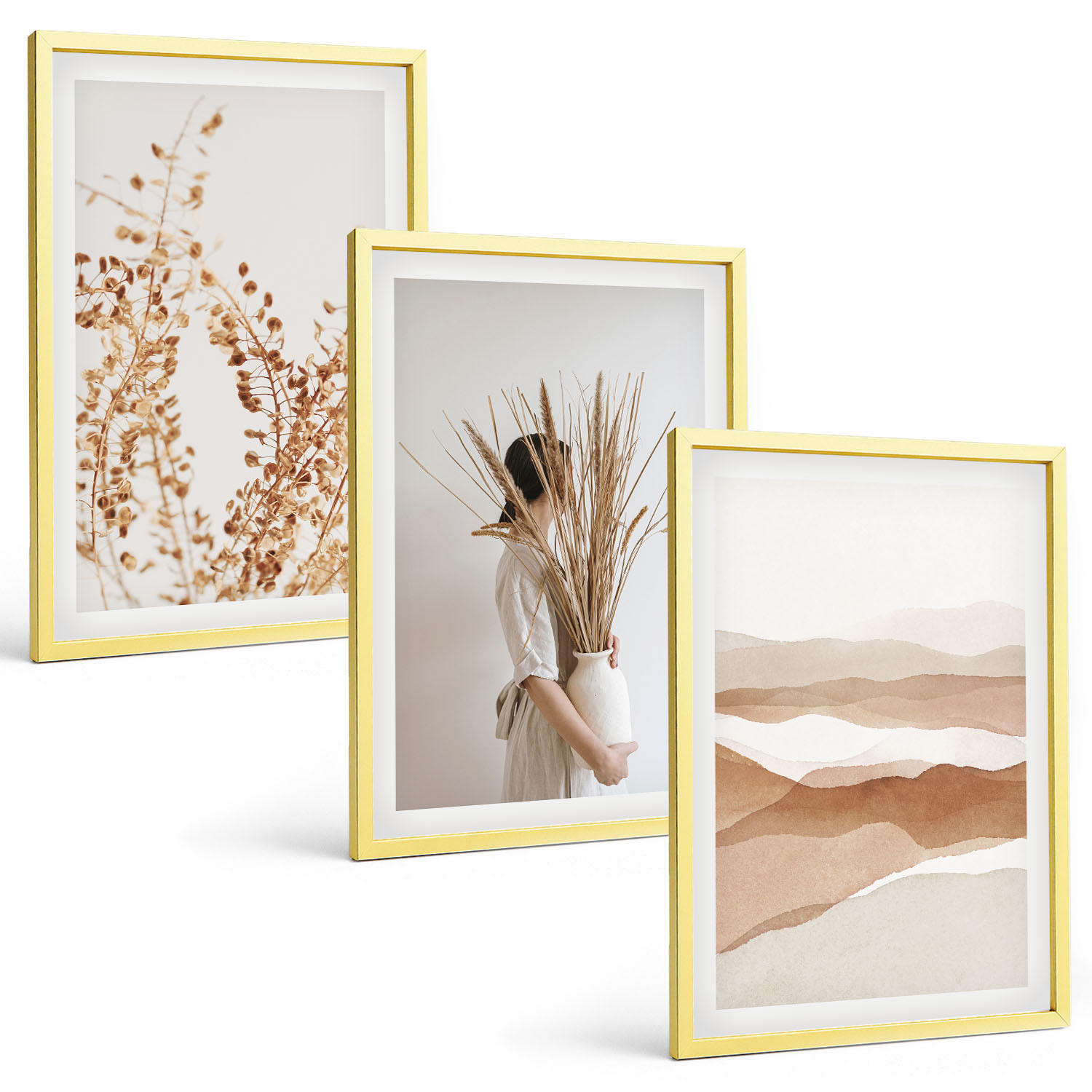 BILDER SET 3er Set - 40x60 cm Goldrahmen - Rustikale Boho-Blumenmotive - Goldfarben, Kunststoff (40/60cm) - TULUP