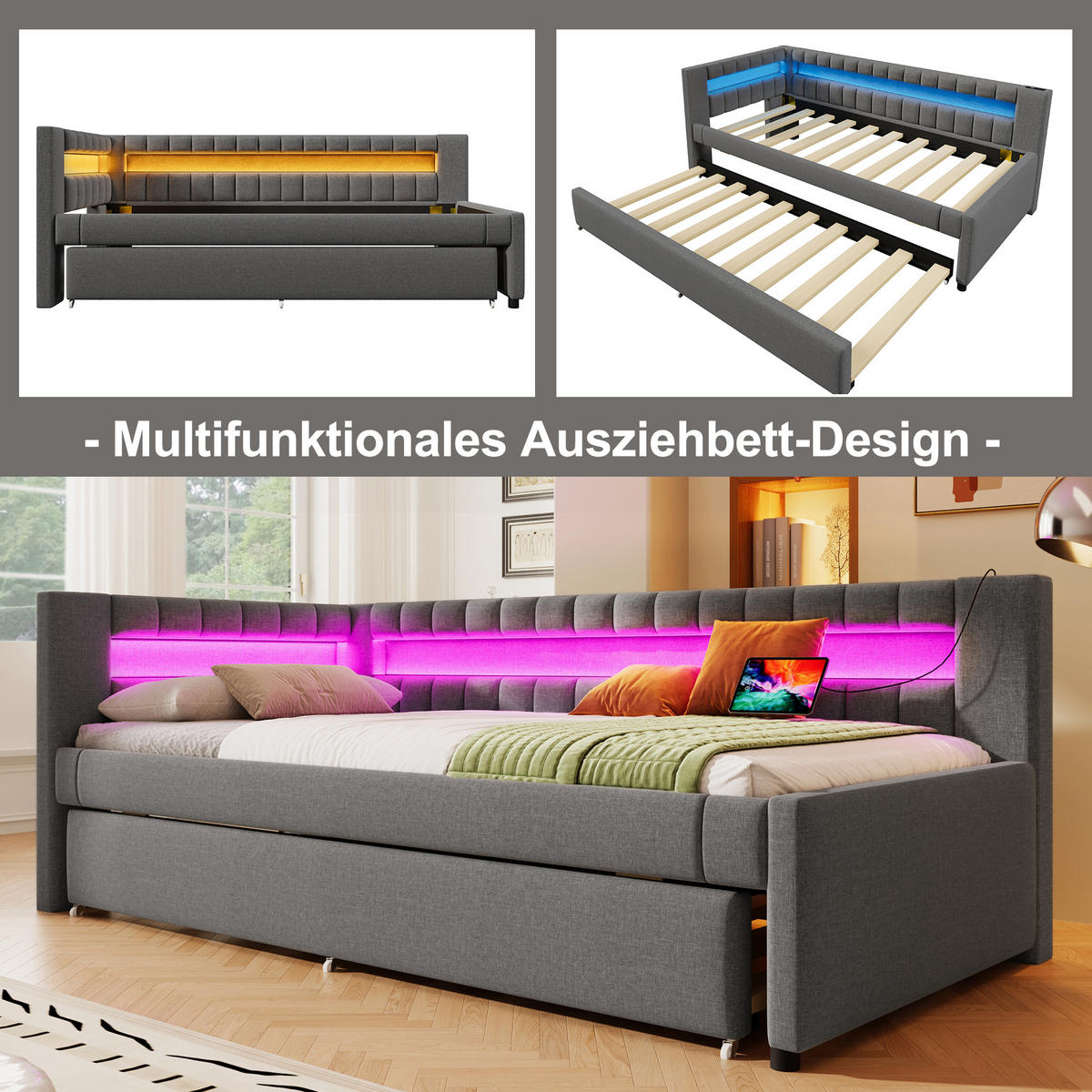 TAGEBETT 90x200cm Grau LED-Licht Ausziehbett USB Leinen - Grau, Holz (90/200cm) - FLIEKS