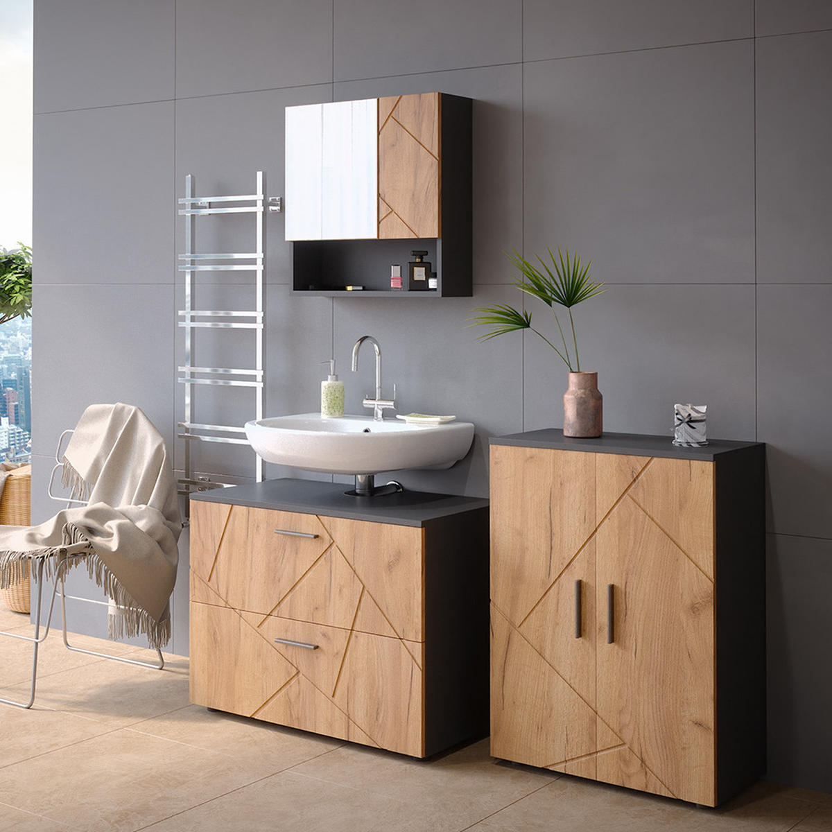 BADMÖBEL-SET Irma Goldkraft Eiche/Anthrazit 3 Teile mit Unterschrank 80 cm - Honigeiche/Anthrazit, Holzwerkstoff (80/58/41cm) - Vicco