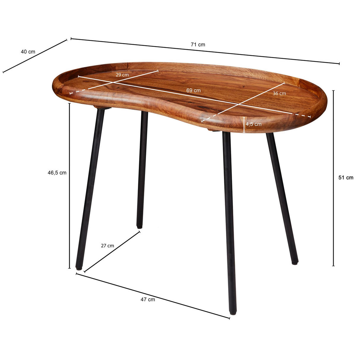COUCHTISCH Massivholz mit Metallbeinen, Nierenform, Handgefertigt, Braun 71x40x51 cm - Schwarz/Braun, Holz/Metall (40/71/51cm) - KADIMA DESIGN