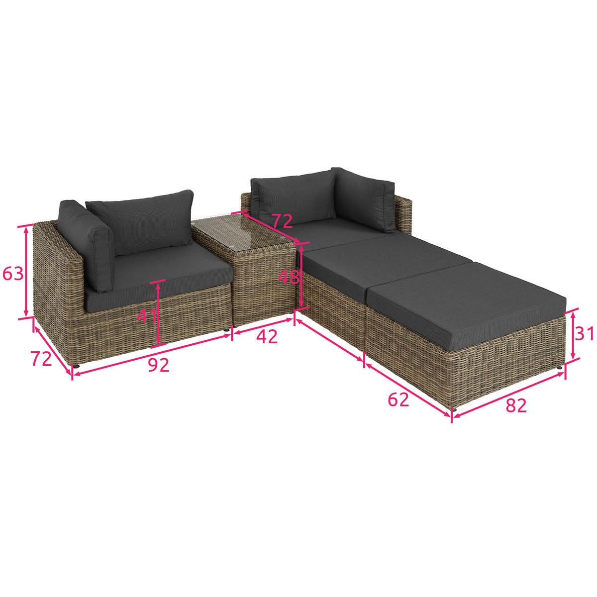 RATTANLOUNGE San Domino,mit Sicherheitsglasplatte,natur - Naturfarben, Kunststoff (72/63cm) - tectake