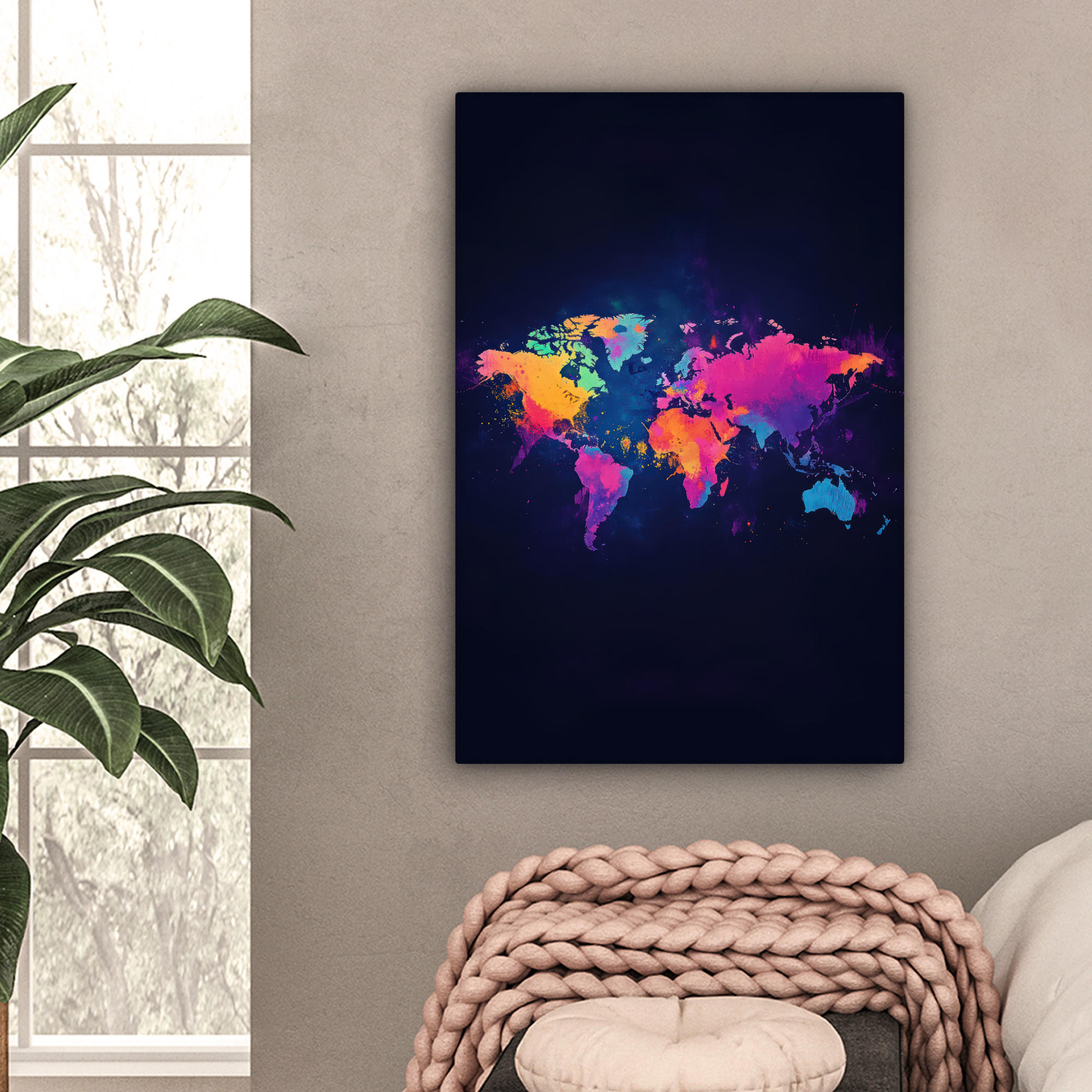 LEINWANDBILD Weltkarte - Bunt - Graffiti 60x90 cm - Multicolor, Textil (60/90cm) - MuchoWow