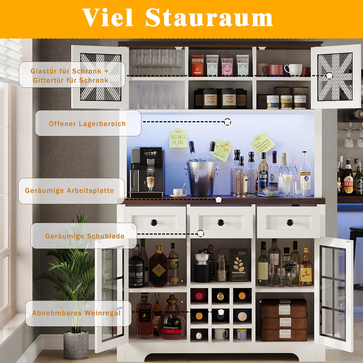 BUFFET 120/180/40 cm Weiß aus MDF und Glas mit LED-Beleuchtung - Weiß, Holzwerkstoff (40/180/120cm) - OKMYHOME