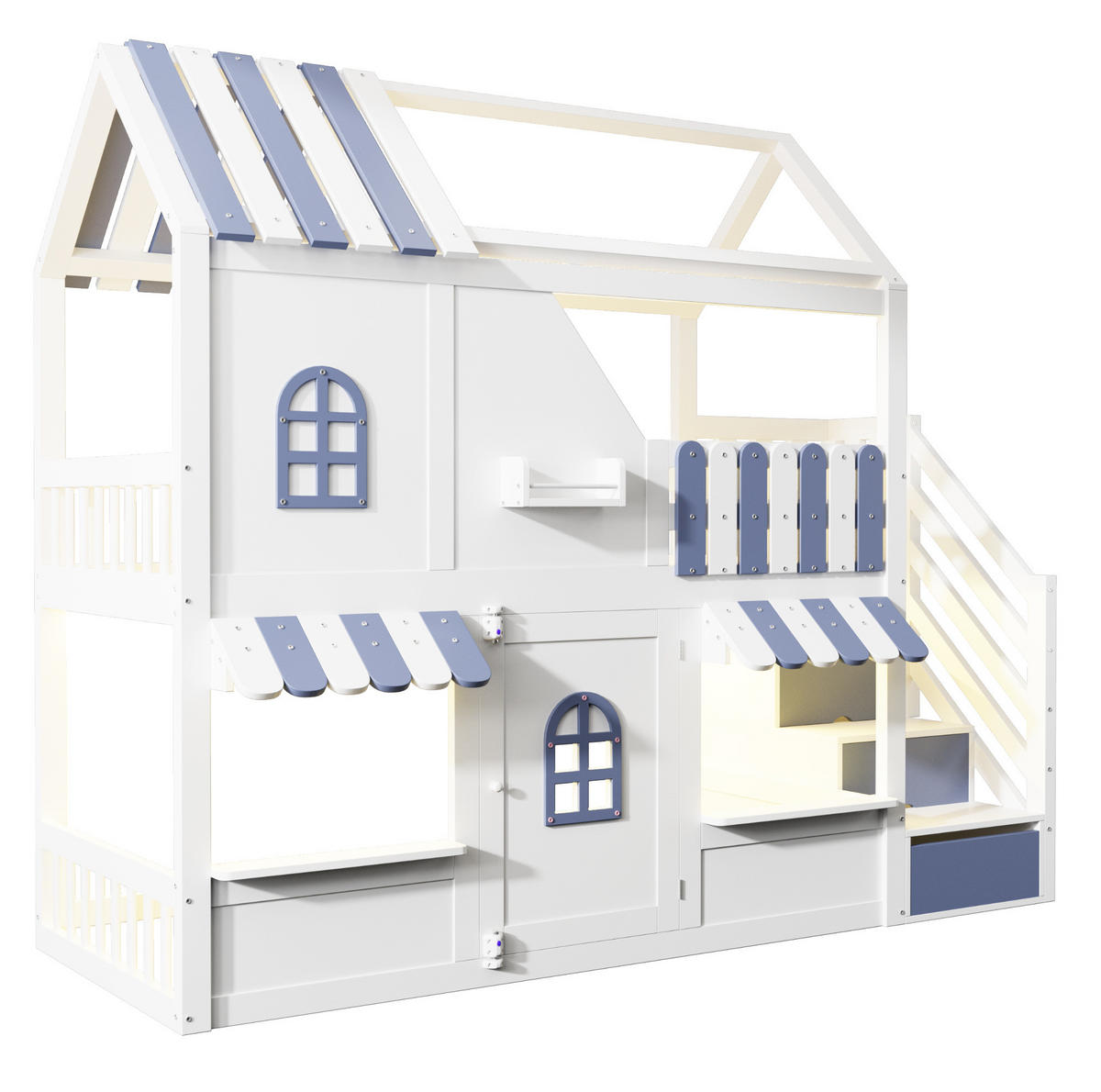 ETAGENBETT 90/200 cm Weiß Blau mit LED und Stauraum - Weiß, Holz (90/200cm) - MIVRAY