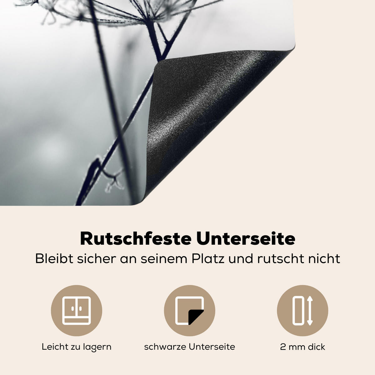 HERDABDECKPLATTE Blumen - Winter - Schnee - Natur Ceranfeldabdeckung 80x52 cm - Grau, Kunststoff (80/52/0.2cm) - MuchoWow