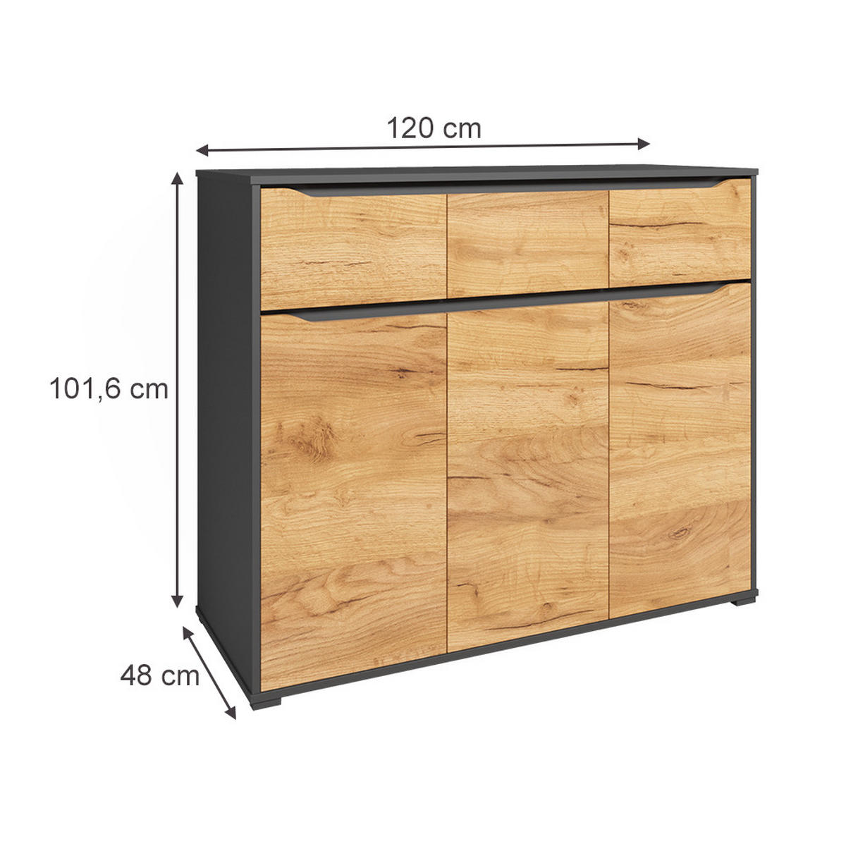KOMMODE Ruben Goldkraft Eiche 120 x 101.6 cm mit Schubladen - Anthrazit/Eiche Wotan, Holzwerkstoff (48/101.6/120cm) - Vicco