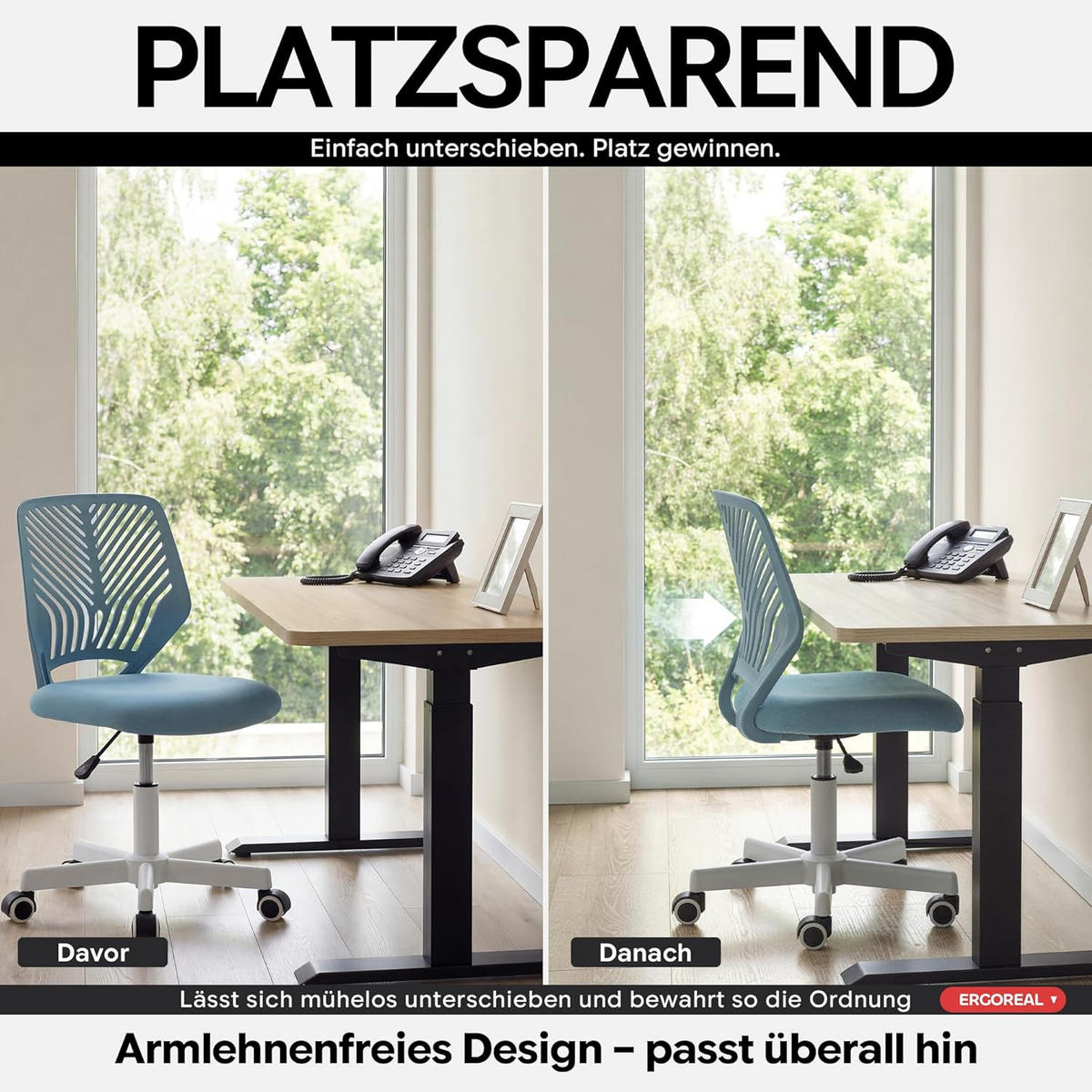 BÜROSTUHL Ergonomischer ohne Armlehne, mit Rollen & Höhenverstellung - Blau, Metall (55/79/55cm)