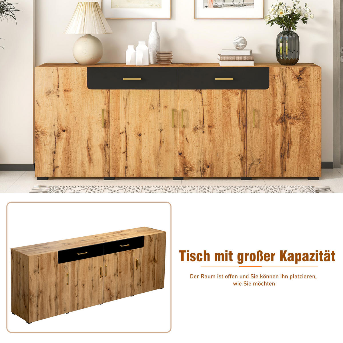 SIDEBOARD 4 Türen 2 Schubladen 208x39.5x80cm Stauraum - Braun, Holzwerkstoff (39.5/80/208cm) - FLIEKS