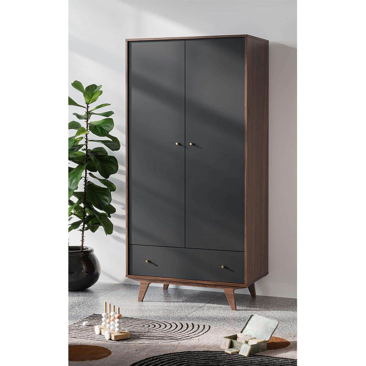 KLEIDERSCHRANK 2 Türen 1 Schublade Mid - H185 cm - Schwarz, Holzwerkstoff (50/185/90cm) - Calicosy