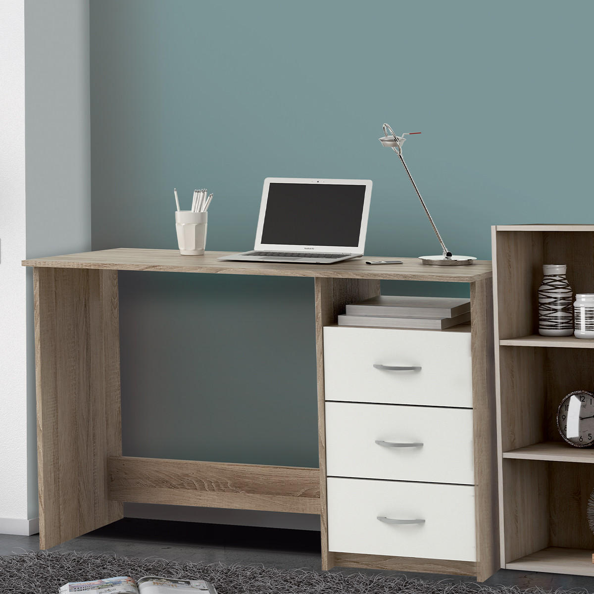 SCHREIBTISCH 1 Fach 3 Schubladen L123 cm - Aristote - Eichefarben/Weiß, Holzwerkstoff (123/50.1/76.5cm) - Calicosy