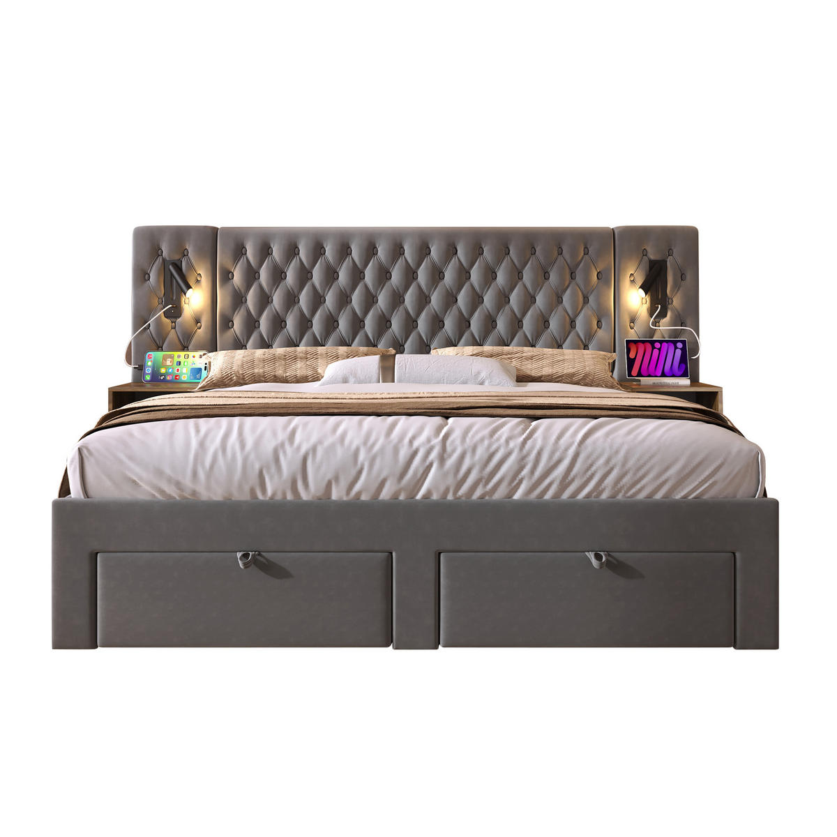POLSTERBETT aus Samt 180x200 cm Grau mit 4 Schubladen, Nachttischen, Leselampen und USB-C - Grau, Textil (180/200cm) - IVMEU
