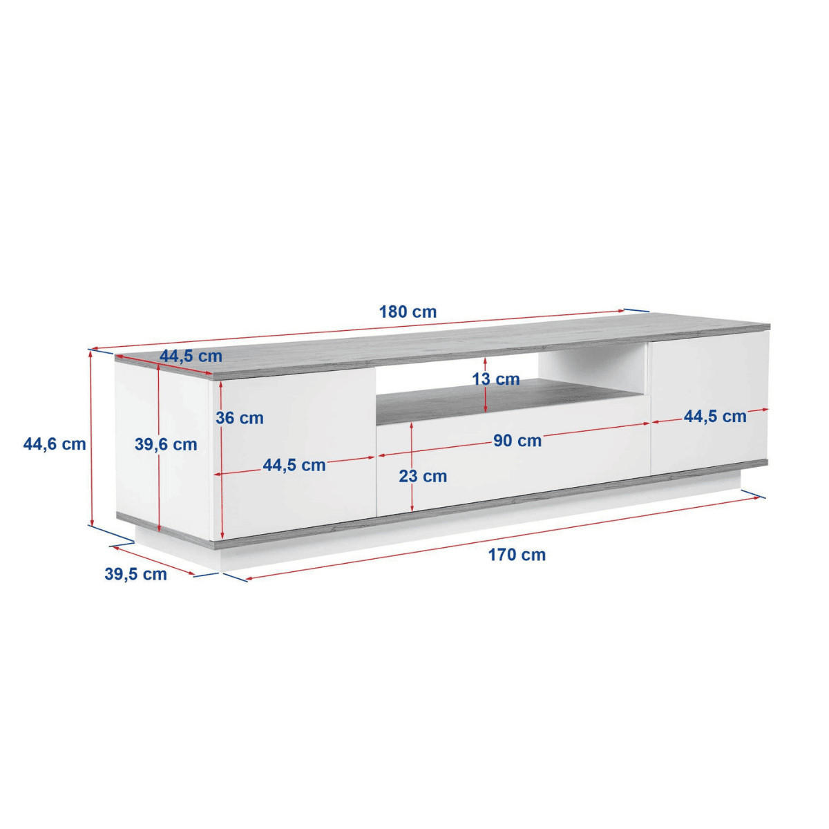 TV furniture with 3 folding doors and 1 niche, L180 cm - Weiß, Holzwerkstoff (44.5/44.6/12cm) - Calicosy