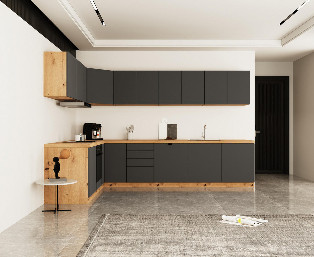 WINKELKÜCHE 300cm x 200cm- Langen KL24-M300 - in Grau/Matt - Grau, Holz (500/212/52cm)