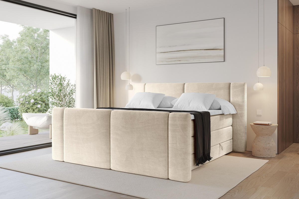 BOXSPRINGBETT mit Matratze H3/H4 - EVON KING Zanozek - 140x200 cm Beige - Ecru, Holzwerkstoff (140/200cm) - ALTDECOR