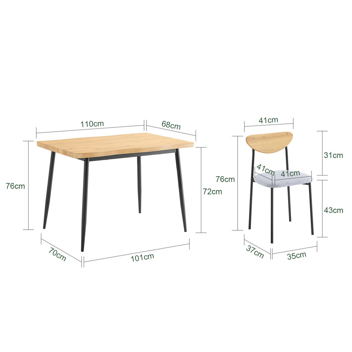 ESSGRUPPE, Esstisch mit 4 Stühlen - Naturfarben, Holzwerkstoff (110/70/76cm) - SoBuy