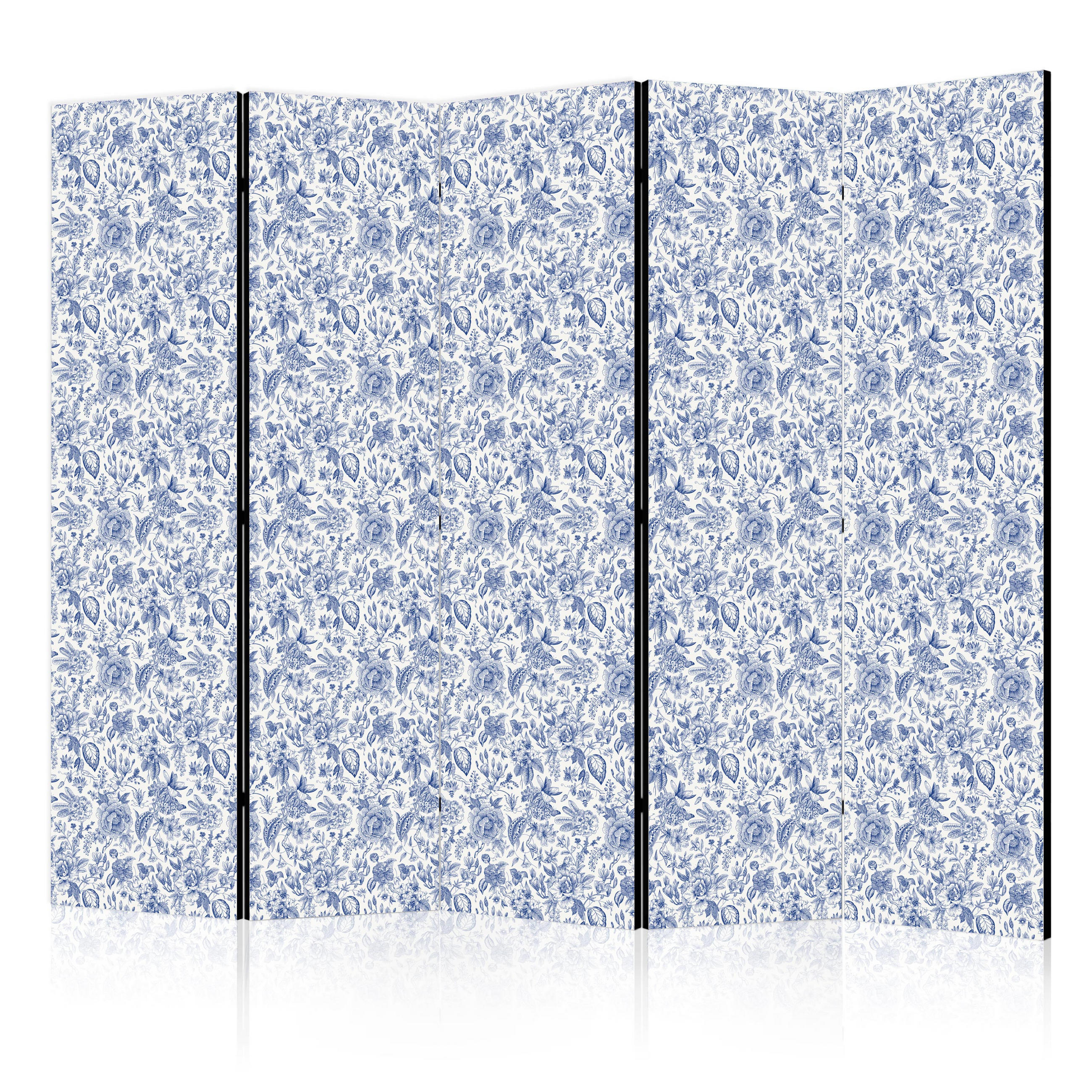 PARAVÁN Jednostranný 5-dielny 225x172 cm Modré Kvety - modrá, drevo/textil (225/172/3cm) - Muralo