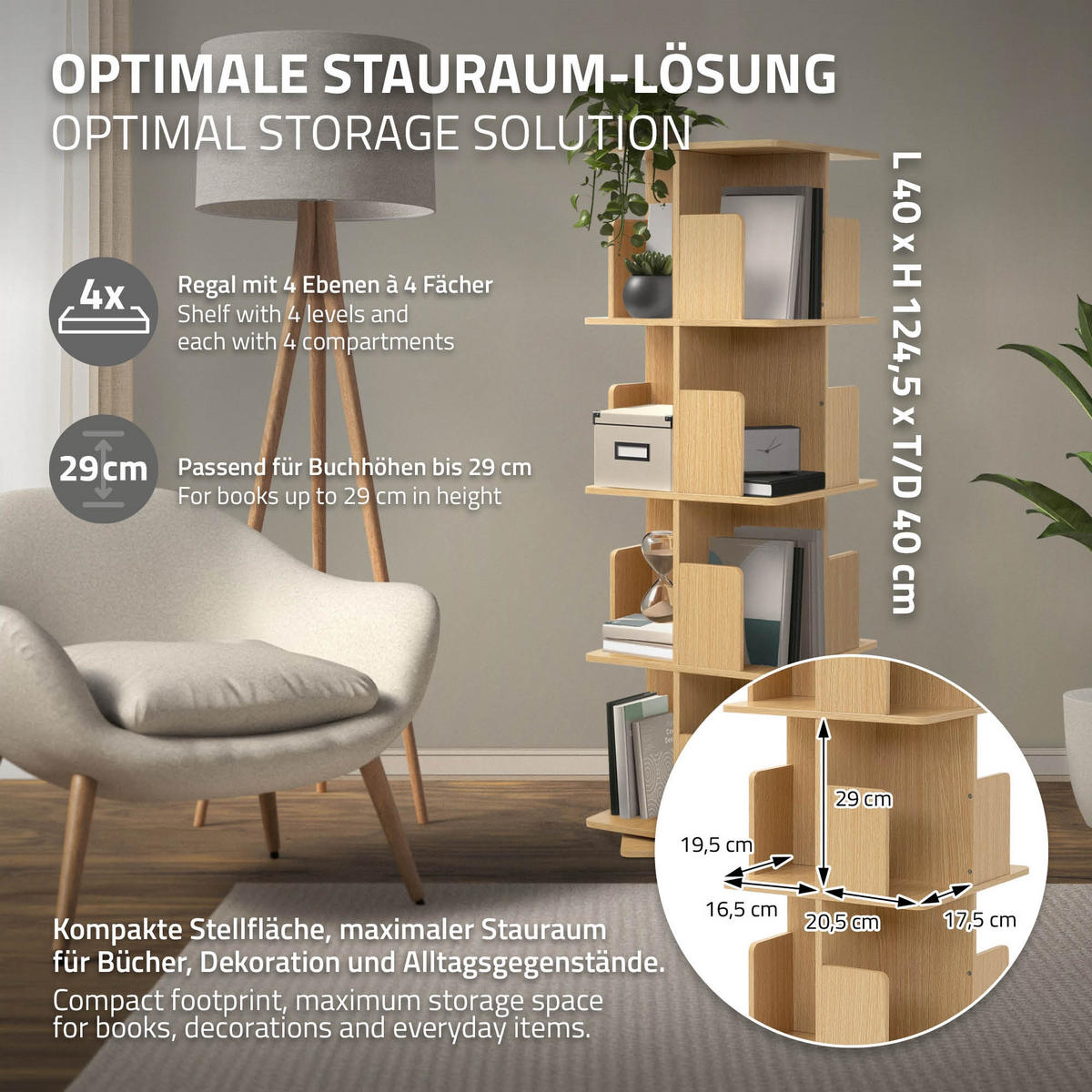 BÜCHERREGAL Kinder mit 4 Ebenen Eiche 40x124,5x40 cm Drehbar 360 Grad - Beige, Holzwerkstoff (40/124.5/40cm) - ML-DESIGN