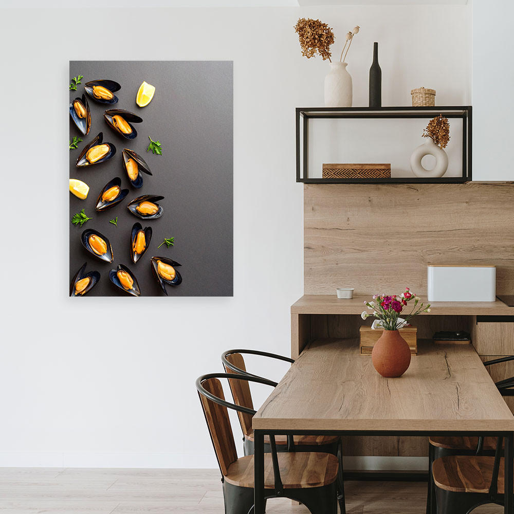 LEINWANDBILD Meeresfrüchte Muscheln und Kräuter 70x100cm - Grau, Textil (70/100cm) - Feeby