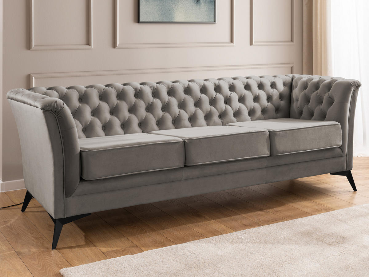 CHESTERFIELD-SOFA 3-sitzer Whitby Grau Samt mit schwarzen Füßen - Schwarz/Grau, Holz/Textil (237/78/82cm) - S-Style Möbel