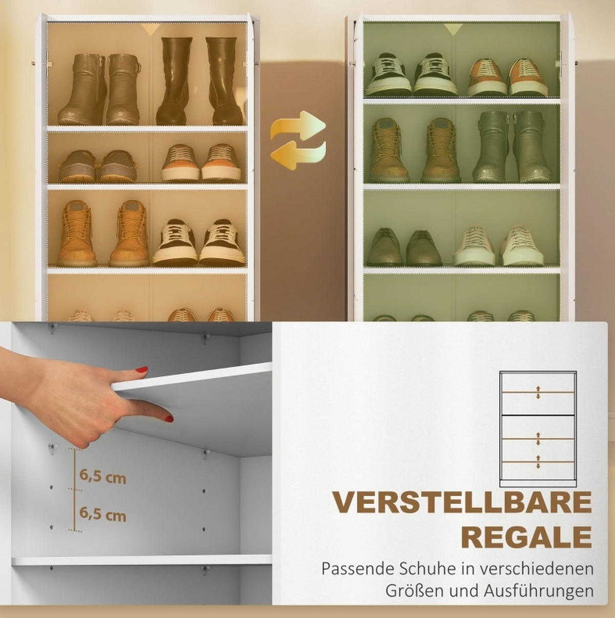 SCHUHSCHRANK aus Spanplatte 36x55x108 cm Weiß Hochglanz mit verstellbaren Regalböden und Türen - Weiß, Holz (55/108/36cm) - Modfu