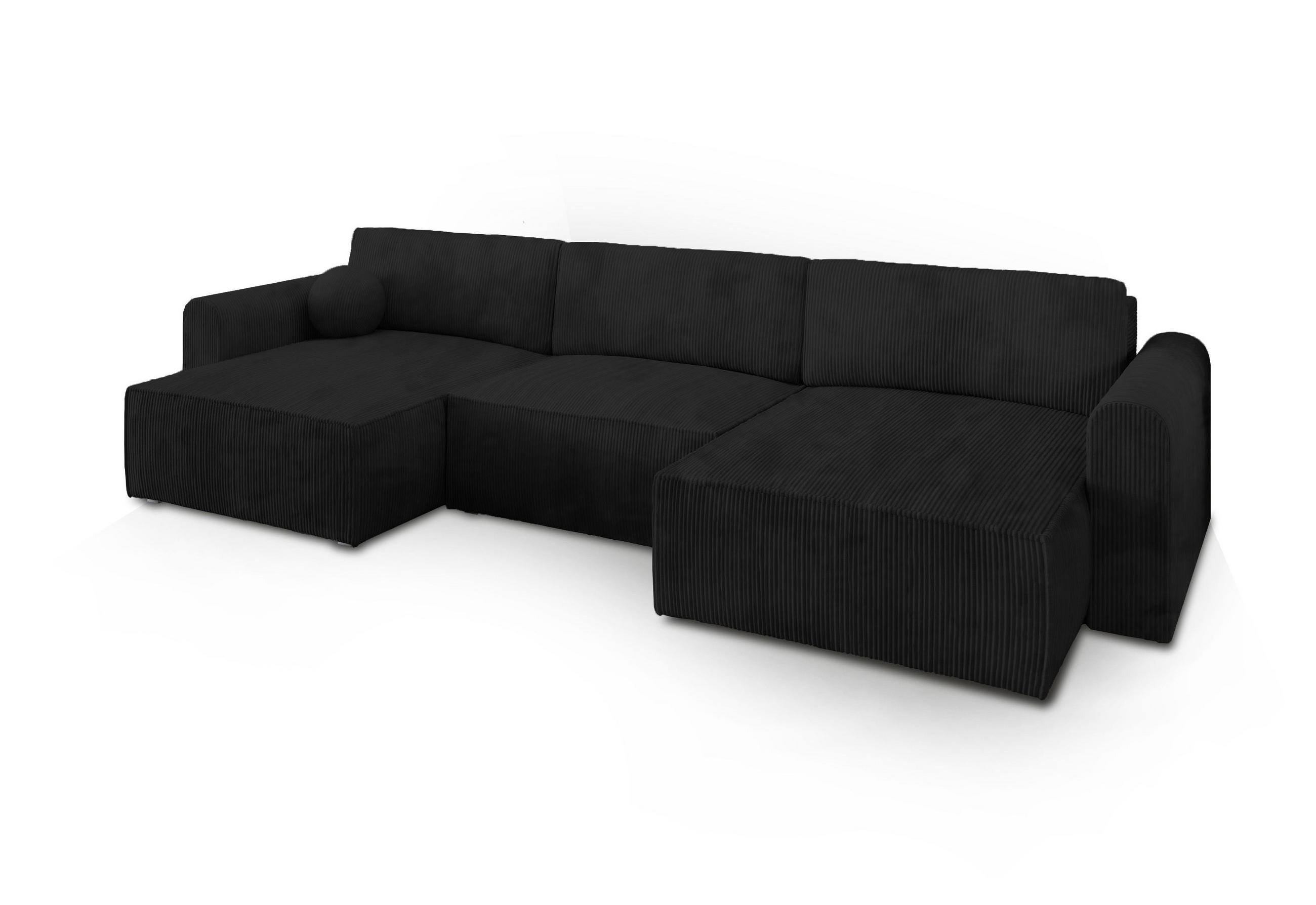 WOHNLANDSCHAFT FENTO P Schwarz Kordstoff mit Schlaffunktion - Schwarz, Holz (347/90/148cm) - MASSENO