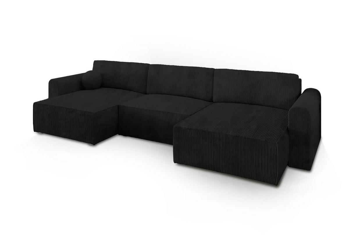 WOHNLANDSCHAFT FENTO P Schwarz Kordstoff mit Schlaffunktion - Schwarz, Holz (347/90/148cm) - MASSENO