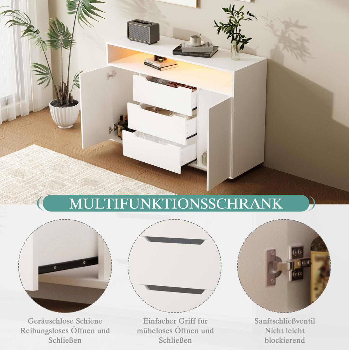 SIDEBOARD 120/40/85 cm Weiß aus Holzwerkstoff mit LED-Beleuchtung - Weiß, Holzwerkstoff (40/85/120cm) - OKMYHOME