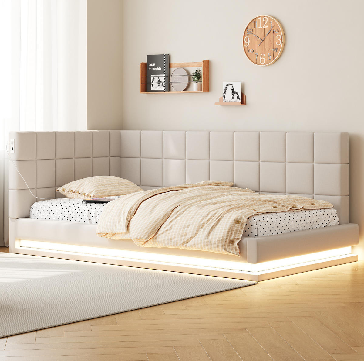 POLSTERBETT 90/200 cm Beige aus Leinen mit LED-Lichtleiste und USB-Steckdose - Beige, Textil (90/200cm) - OKMYHOME